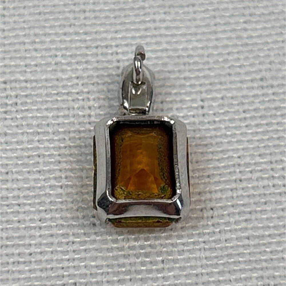 Silver Tone Pendant Emerald Cut Amber Color Gemstone Small Clear Accent Stone - Picture 4 of 4